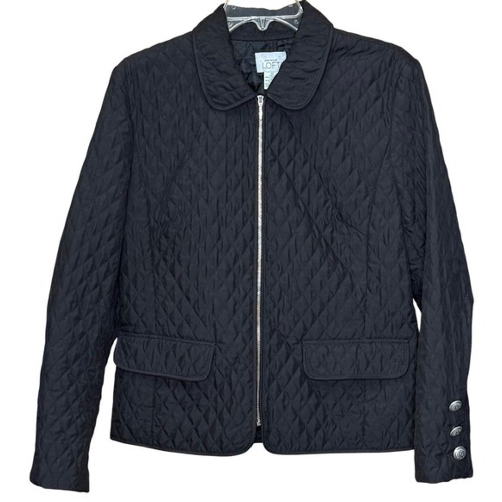 Ann Taylor LOFT Black Quilted Full Zip Jacket Womens 12 Equestrian Casual Preppy